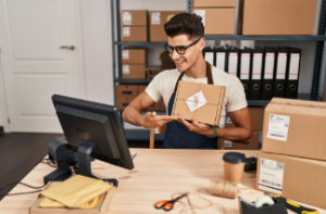 A person presenting a package in a virtual meeting