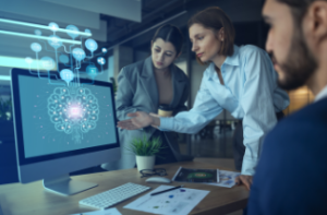 Three professionals analyzing how to use AI in starting a small business course online
