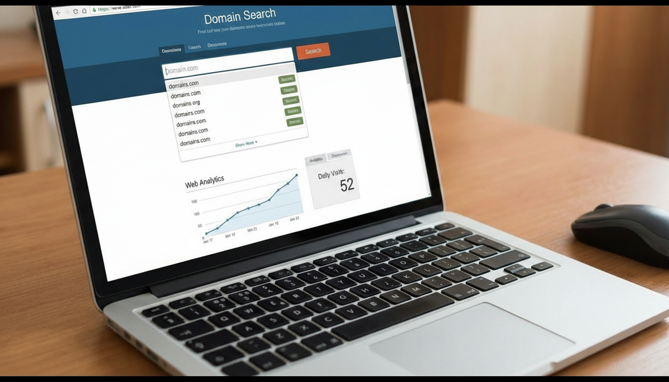 Laptop screen showing website domain registration and website traffic analytics for market testing