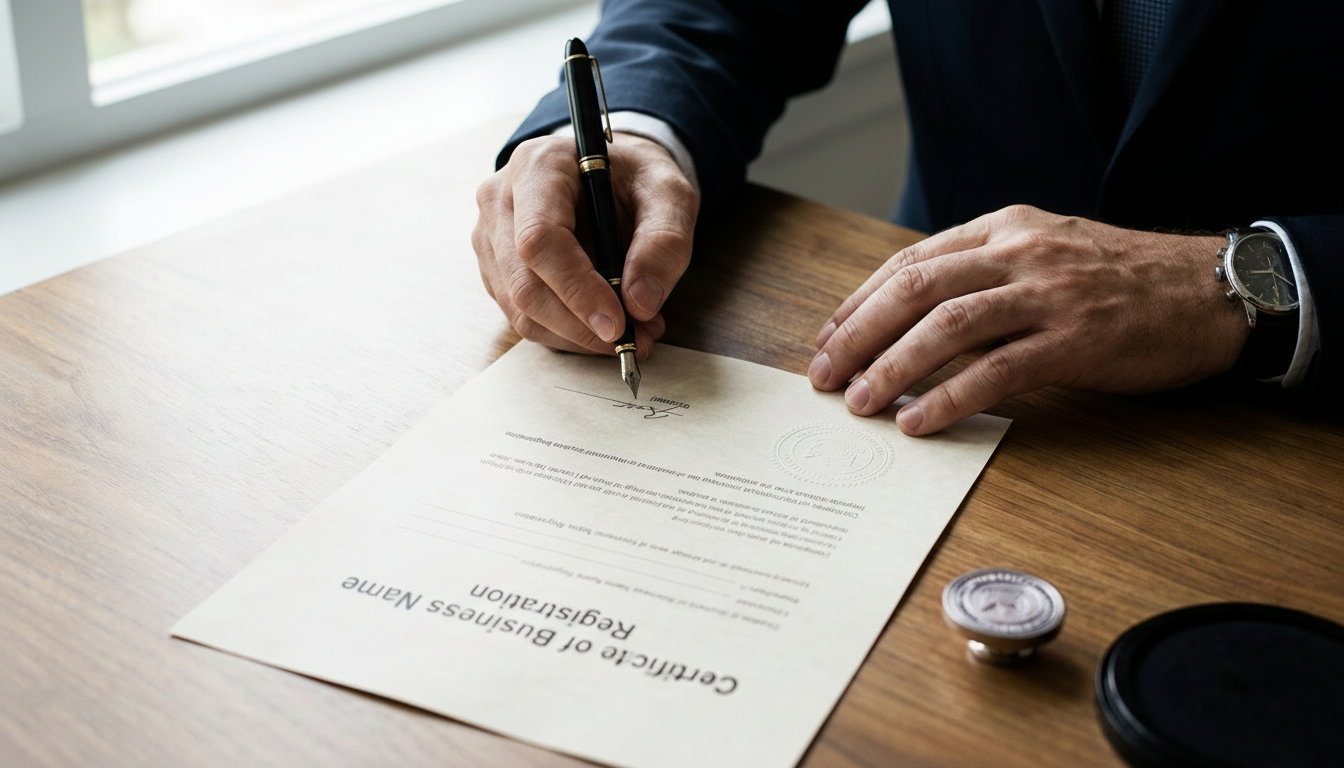 Signing official business name registration documents and trademark protection papers.