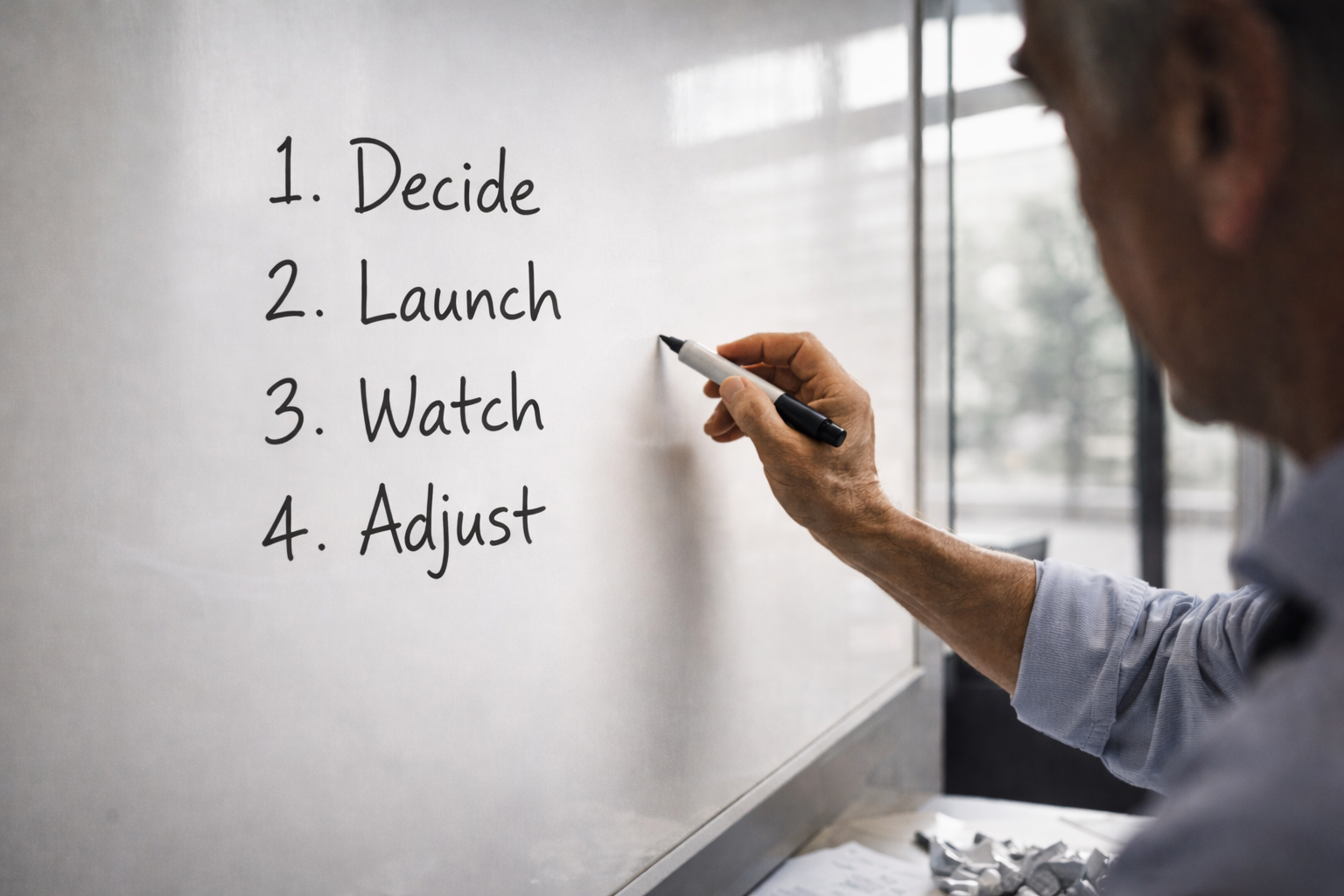 Business leader writing Decide, Launch, Watch, Adjust on a whiteboard to guide go to market execution