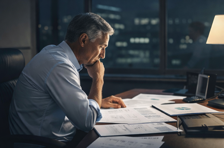 Business owner reviewing financial reports late at night to decide whether to enter a market