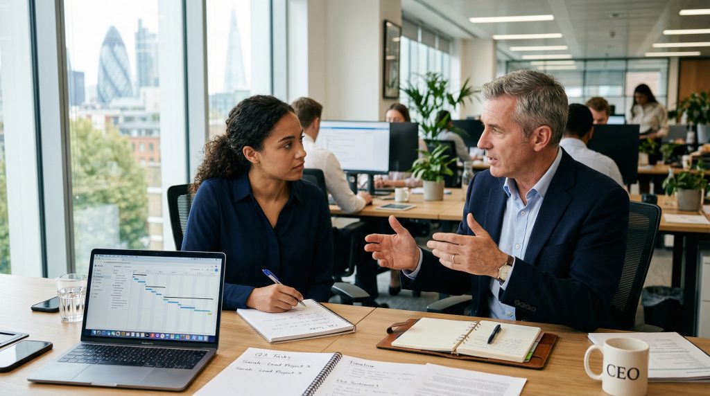 A CEO discussing delegation of work with a team member in an office