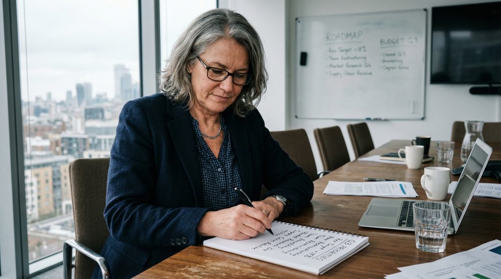 A CEO reviewing notes after a business leadership meeting in a conference room