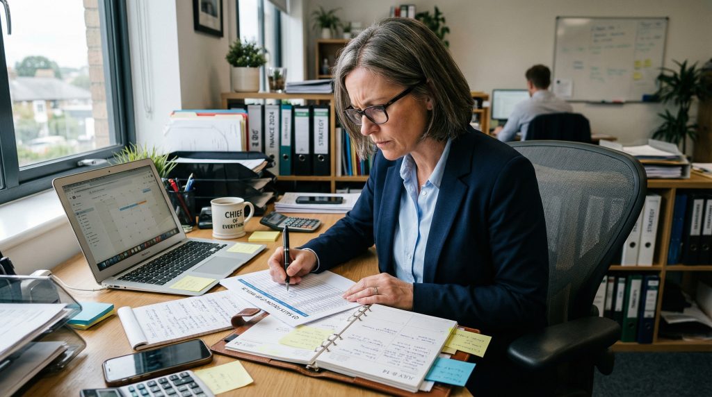 A business owner reviewing weekly notes and schedule patterns at a desk