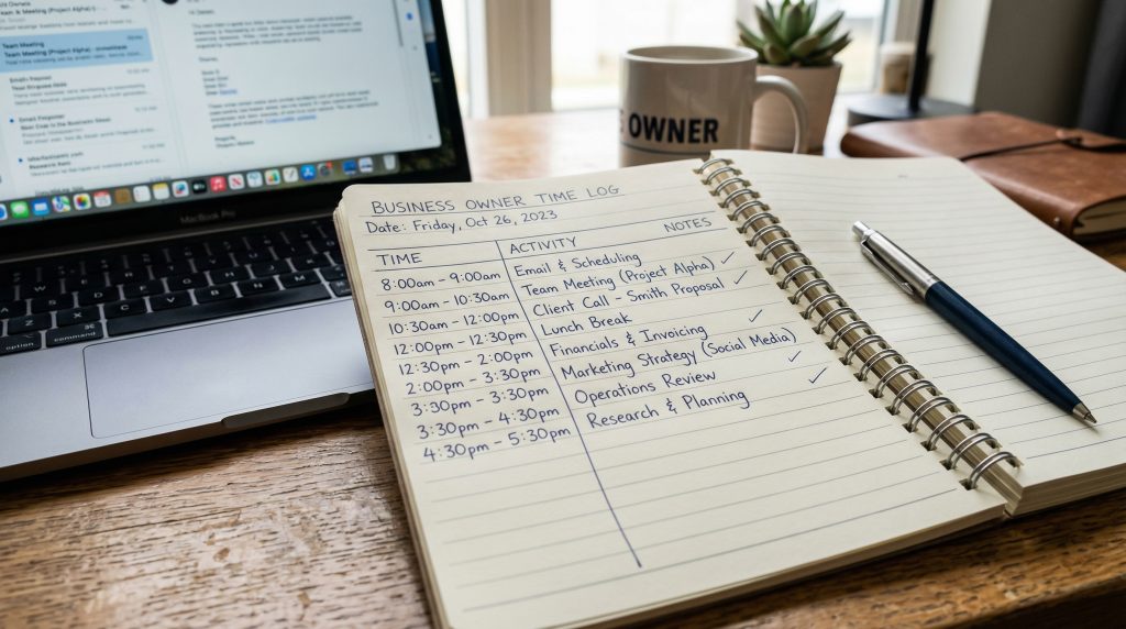 A written time log on a desk showing a business owner’s daily activities