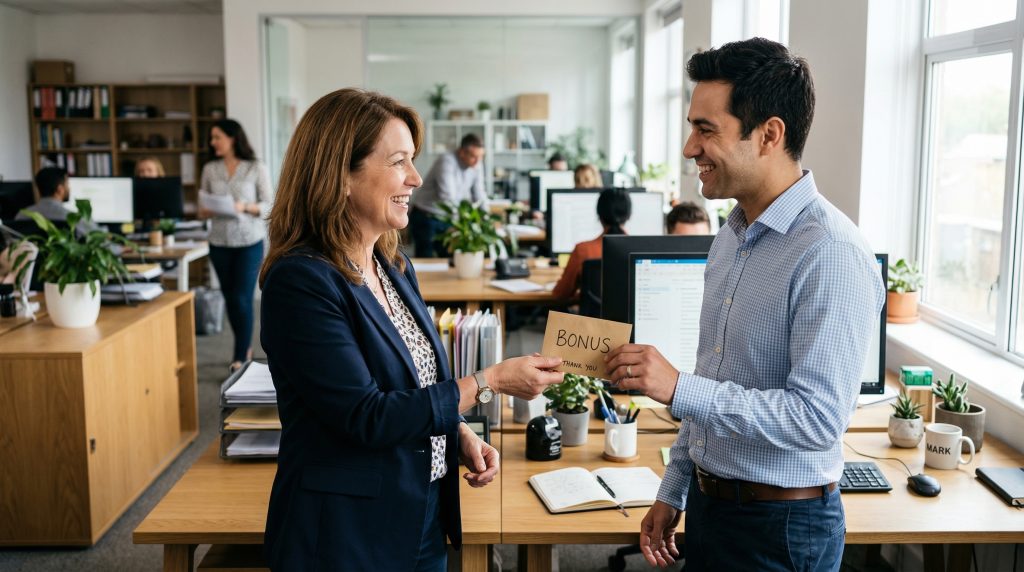 Business owner giving an employee a small bonus as a gesture of appreciation