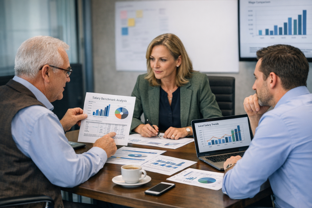 Business owner reviewing employee benefits options with an HR professional