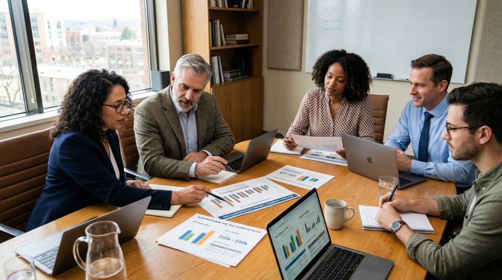 Business owners reviewing compensation data and salary benchmarks in a professional meeting