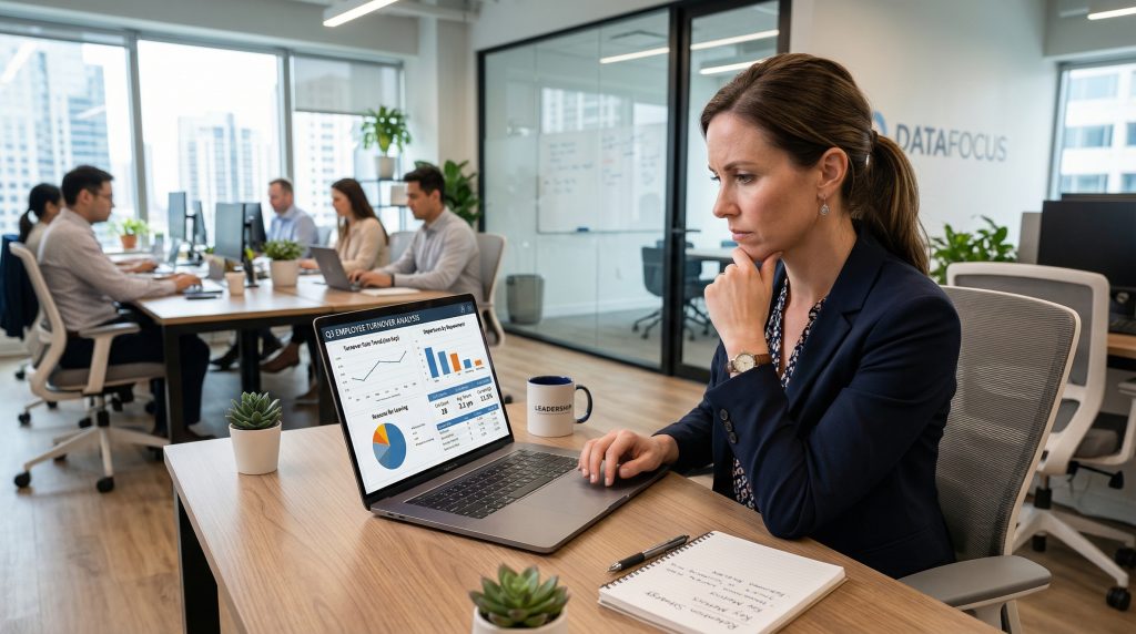 Manager reviewing employee turnover metrics on a computer