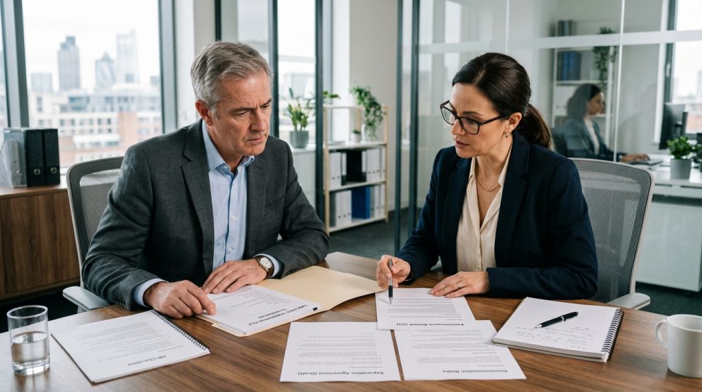 Business owner and advisor reviewing documents related to an employee termination decision.