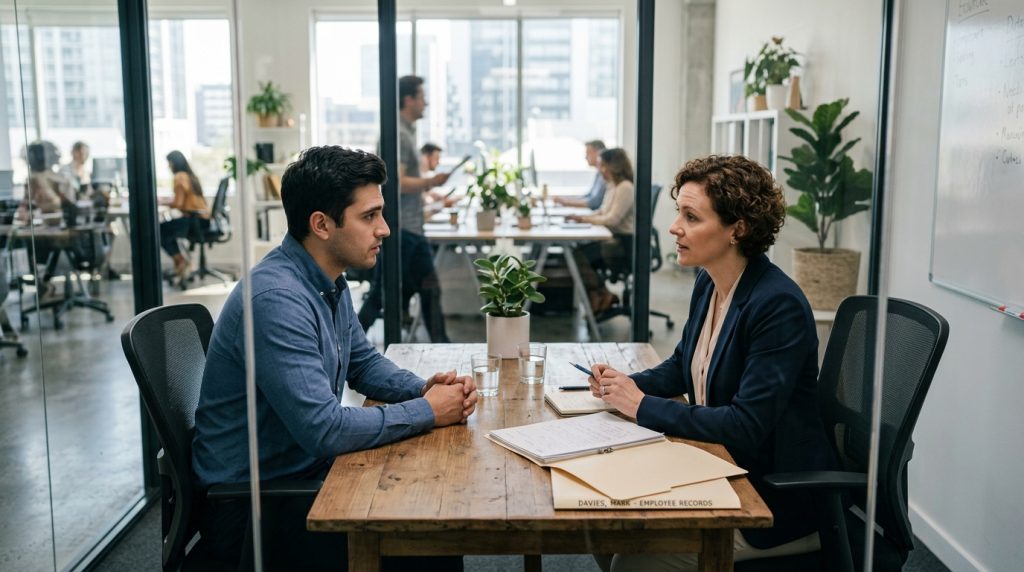 Manager counseling an employee during a private warning meeting in an office.