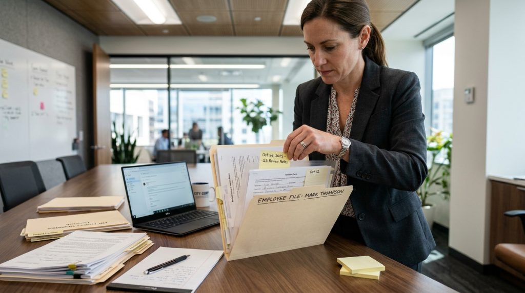 Manager organizing written documentation in an employee file folder.