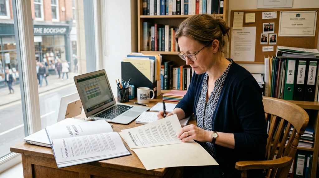Small business owner reviewing written employment guidelines and an employee agreement at an office desk.
